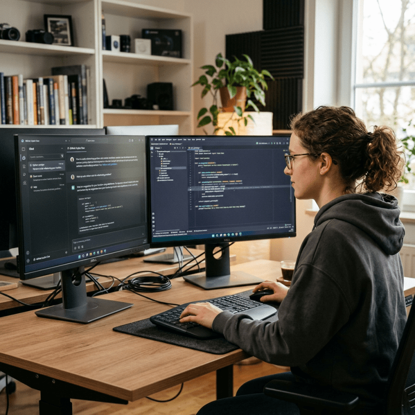 Person coding on two monitors with programming code and chat application visible