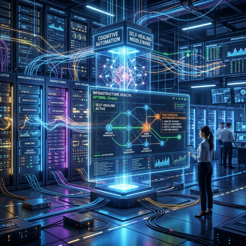Technician using tablet to monitor AI-driven self-healing middleware and infrastructure health dashboard in a high-tech server room