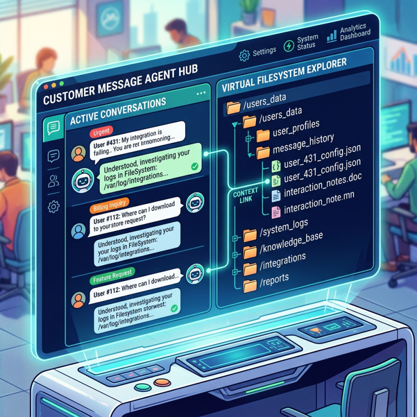 Customer support chat interface displaying active conversations and virtual file system explorer with linked context files.