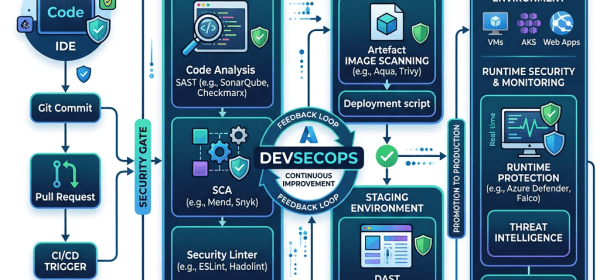 Diagram of Azure DevSecOps pipeline stages including Plan & Develop, Build & Test, Deploy, and Operate with security gate and feedback loop