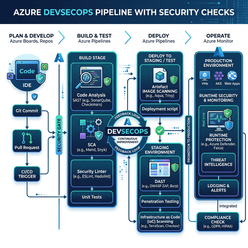 Diagram of Azure DevSecOps pipeline stages including Plan & Develop, Build & Test, Deploy, and Operate with security gate and feedback loop