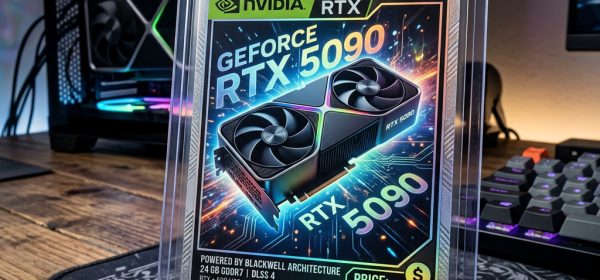 NVIDIA GeForce RTX 5090 collectible trading card in protective case on desk