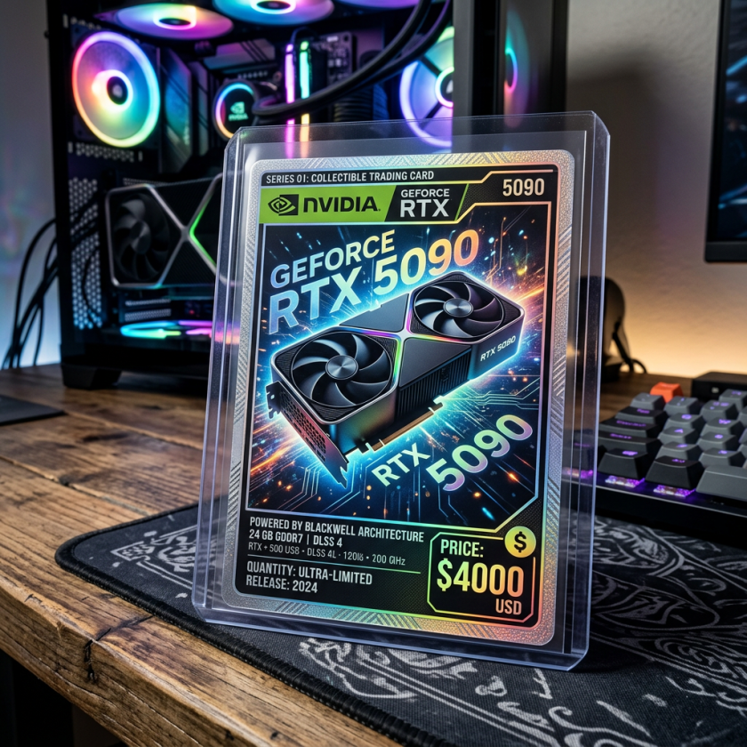NVIDIA GeForce RTX 5090 collectible trading card in protective case on desk