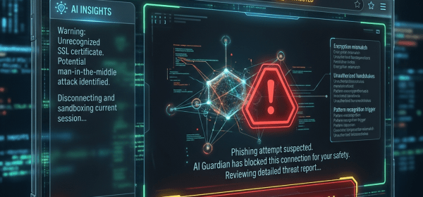 Security alert screen showing AI detection of potential malicious activity and phishing attempt warning