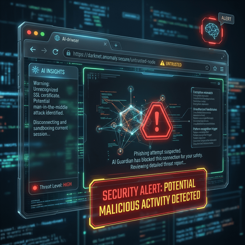 Security alert screen showing AI detection of potential malicious activity and phishing attempt warning