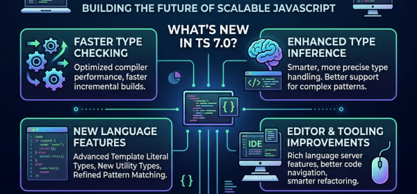Infographic outlining new features in TypeScript 7.0 including faster type checking, enhanced type inference, new language features, editor improvements, ecosystem integration, and community updates