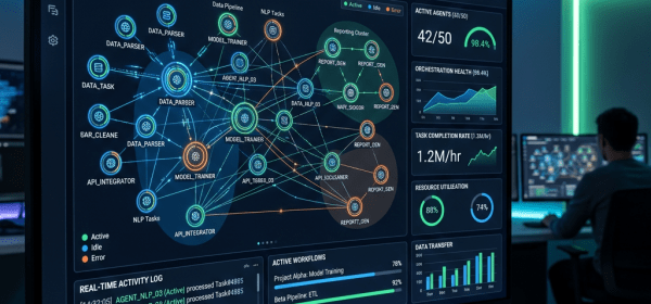 Dashboard displaying agent orchestration graph, active agents, workflow progress, resource utilization, and data transfer statistics.