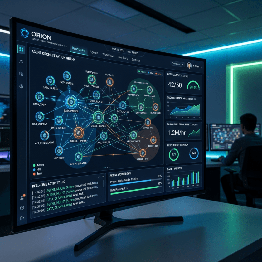 Dashboard displaying agent orchestration graph, active agents, workflow progress, resource utilization, and data transfer statistics.