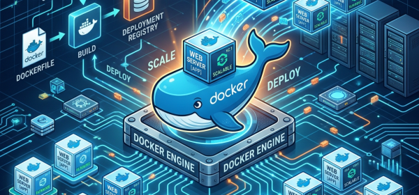 Diagram showing Docker engine managing scalable web server containers across cloud infrastructure platforms.