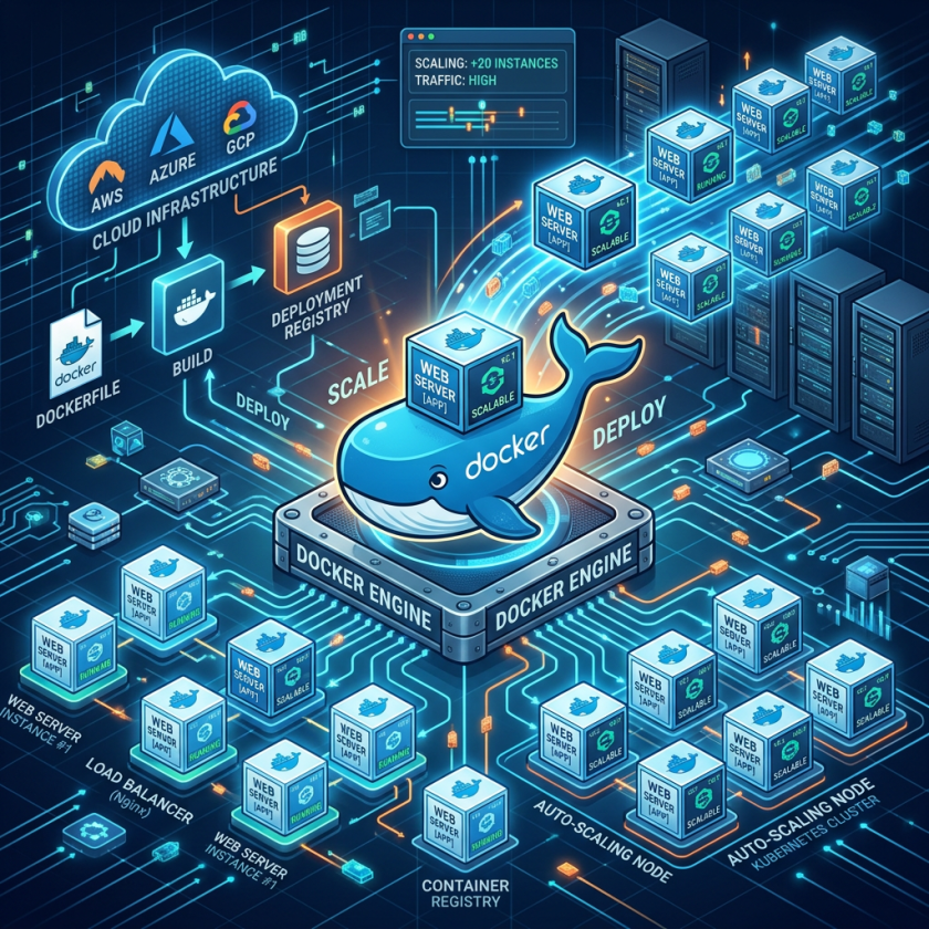 Diagram showing Docker engine managing scalable web server containers across cloud infrastructure platforms.