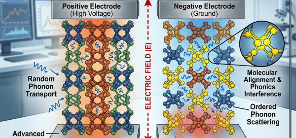 Diagram showing electric field control of heat flow in ceramic material with positive and negative electrodes and phonon transport mechanisms