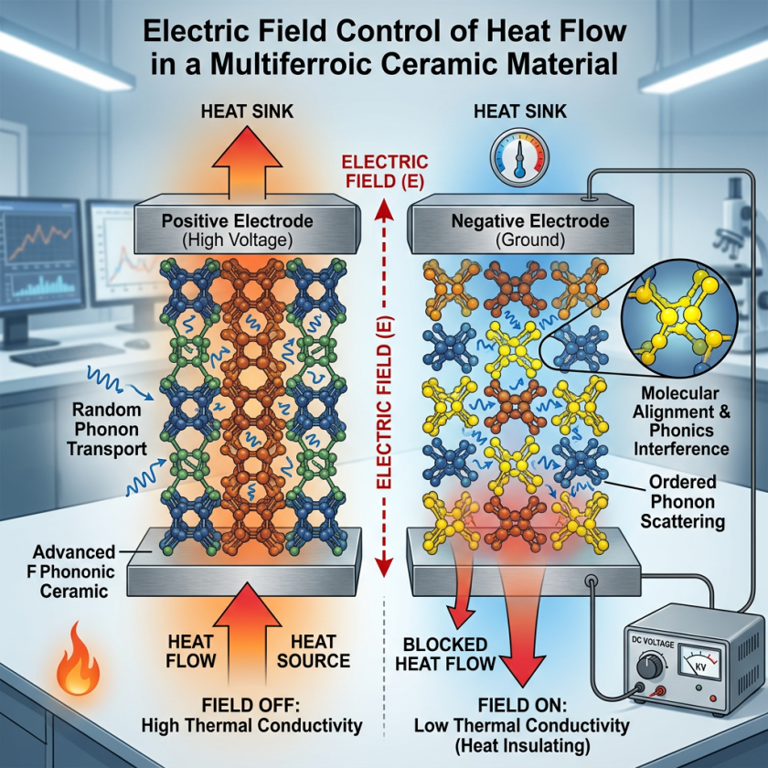 Diagram showing electric field control of heat flow in ceramic material with positive and negative electrodes and phonon transport mechanisms