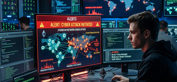 Cybersecurity analyst working at multiple monitors tracking a cyber attack on the Ethereum network with alerts and world maps