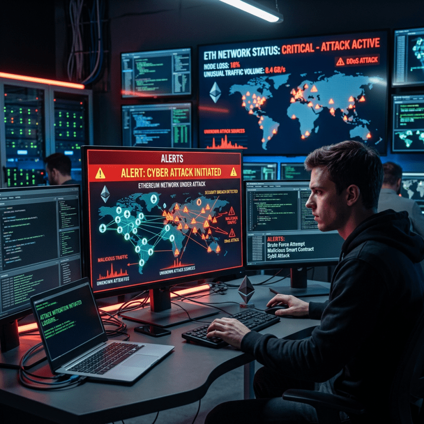 Cybersecurity analyst working at multiple monitors tracking a cyber attack on the Ethereum network with alerts and world maps
