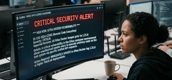Critical security alert for Gitea Docker vulnerability displayed on monitor