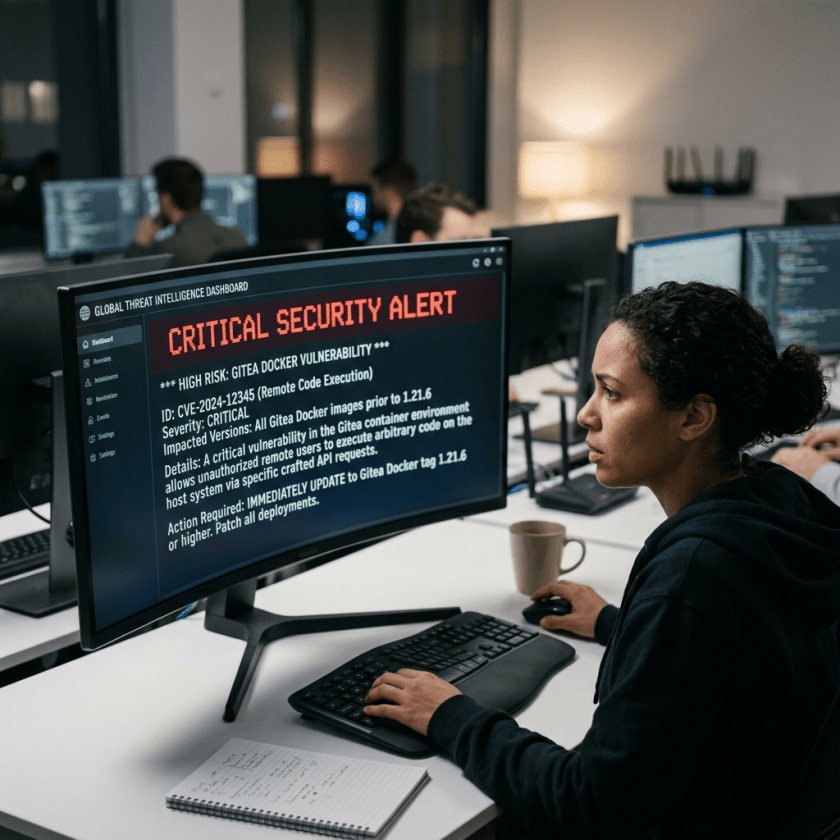 Critical security alert for Gitea Docker vulnerability displayed on monitor