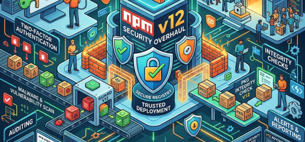 Diagram illustrating npm v12 security overhaul including mandatory two-factor authentication, malware scanning, auditing, secure registry, secure dependencies, integrity checks, and alert reporting.
