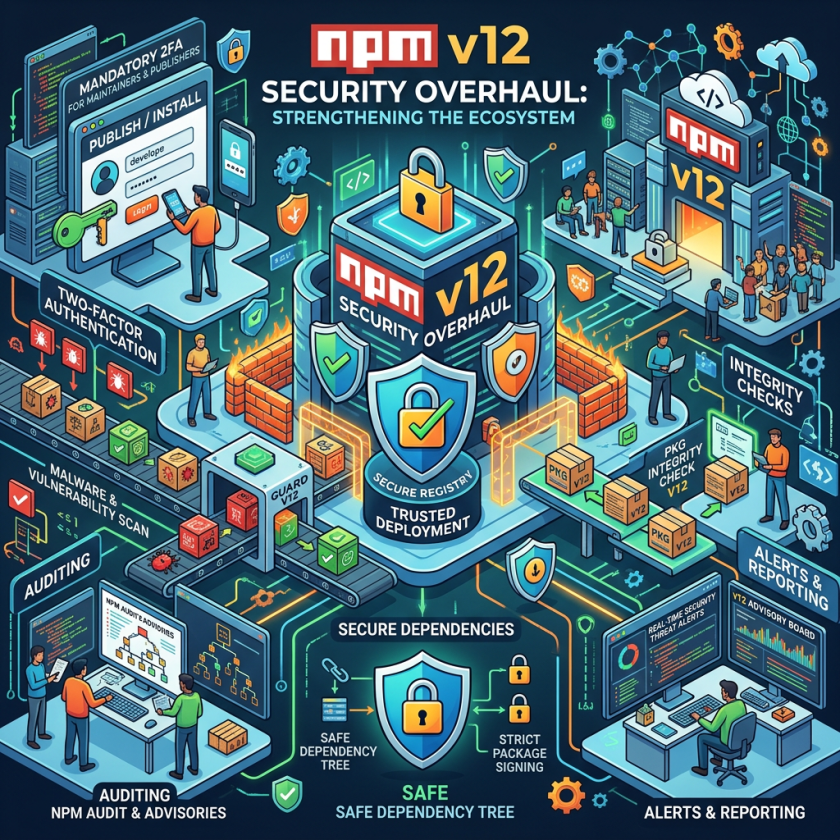 Diagram illustrating npm v12 security overhaul including mandatory two-factor authentication, malware scanning, auditing, secure registry, secure dependencies, integrity checks, and alert reporting.