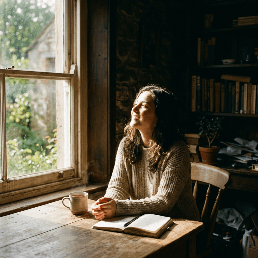 Woman sitting at a wooden table by a window, smiling with a notebook and coffee cup