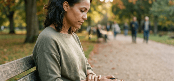A woman sitting on a wooden park bench holding a closed journal during autumn