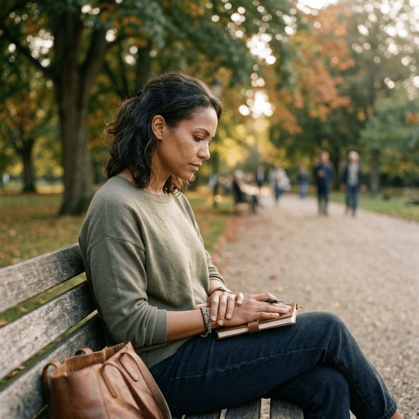 A woman sitting on a wooden park bench holding a closed journal during autumn