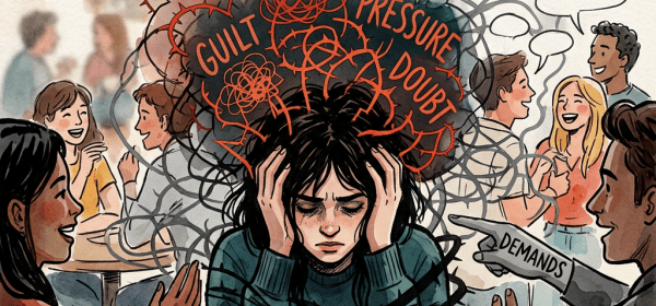 Person holding head surrounded by negative thoughts like anxiety, guilt, pressure, doubt, expectations, and demands