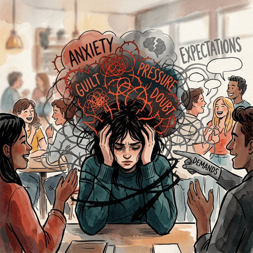 Person holding head surrounded by negative thoughts like anxiety, guilt, pressure, doubt, expectations, and demands
