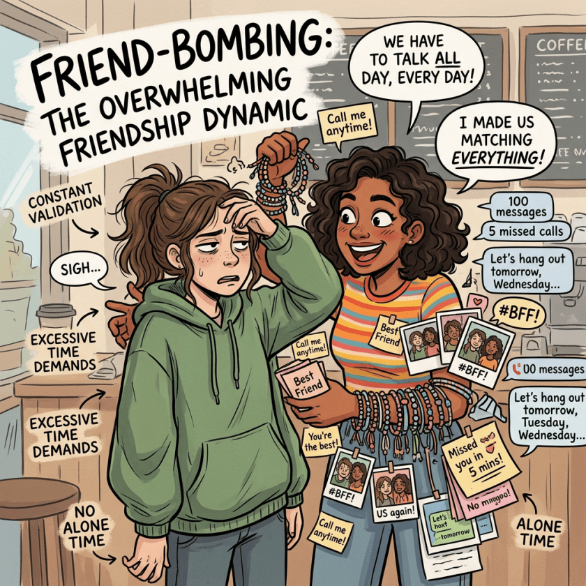 One person looks stressed while another enthusiastically clings and demands constant interaction