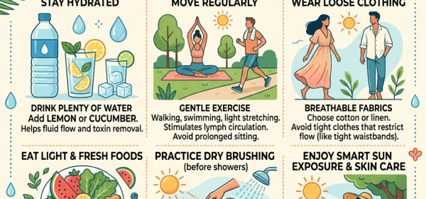 Summer lymphatic health tips including hydration, exercise, clothing, diet, dry brushing, and sun care.