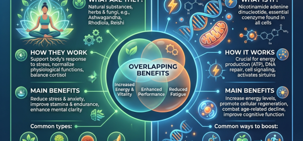 Infographic comparing adaptogens and NAD+ highlighting benefits, functions, sources, and mechanisms