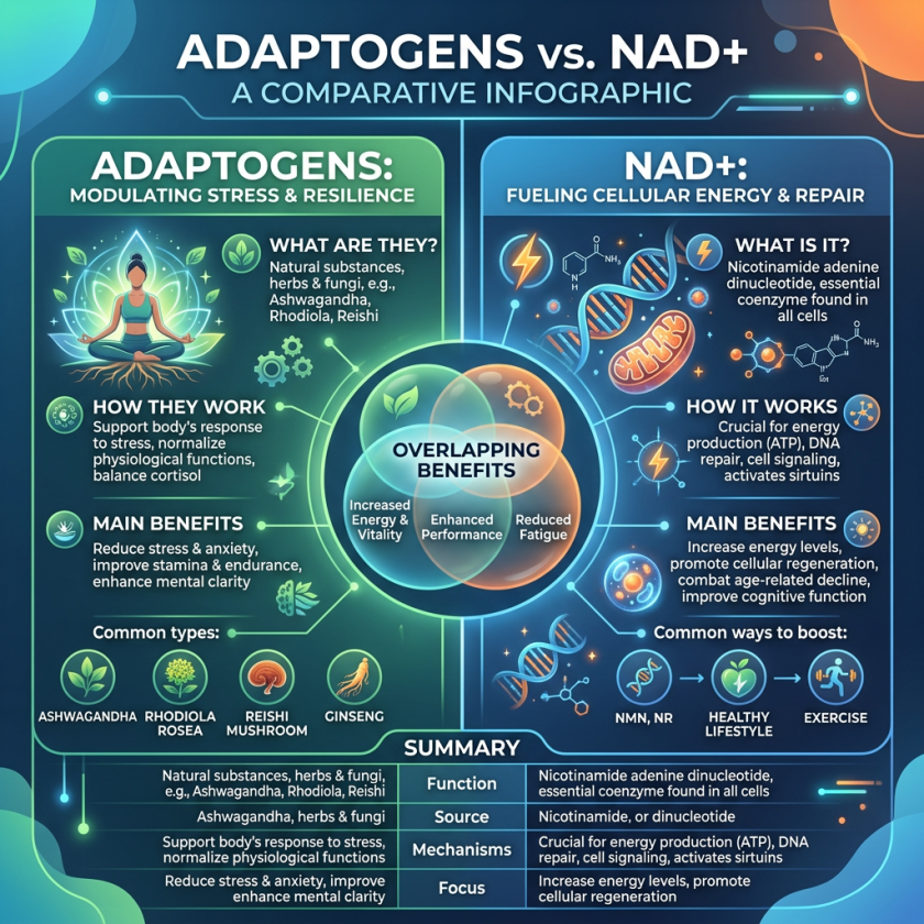 Infographic comparing adaptogens and NAD+ highlighting benefits, functions, sources, and mechanisms