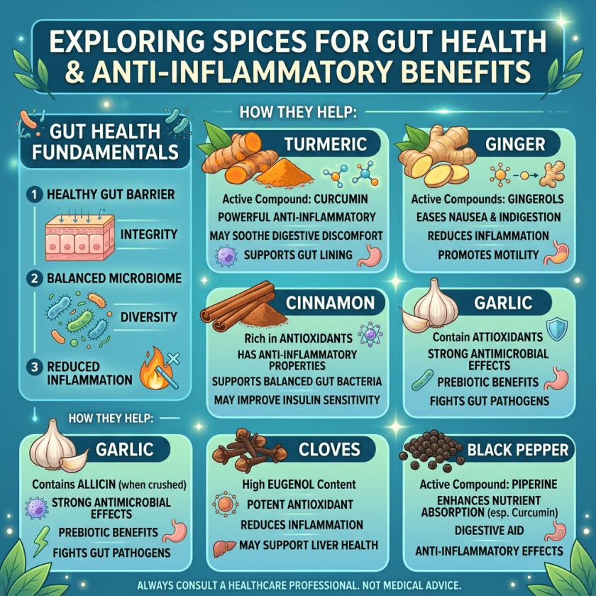 Infographic detailing gut health fundamentals and how turmeric, ginger, cinnamon, garlic, cloves, and black pepper help with anti-inflammatory benefits and digestion.