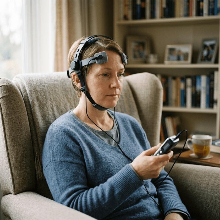 Woman wearing neurofeedback headset holding a control device while seated.