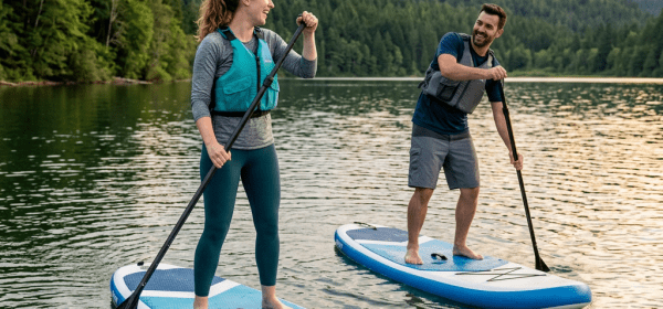 Man and woman paddleboarding on a tranquil forest lake during sunset
