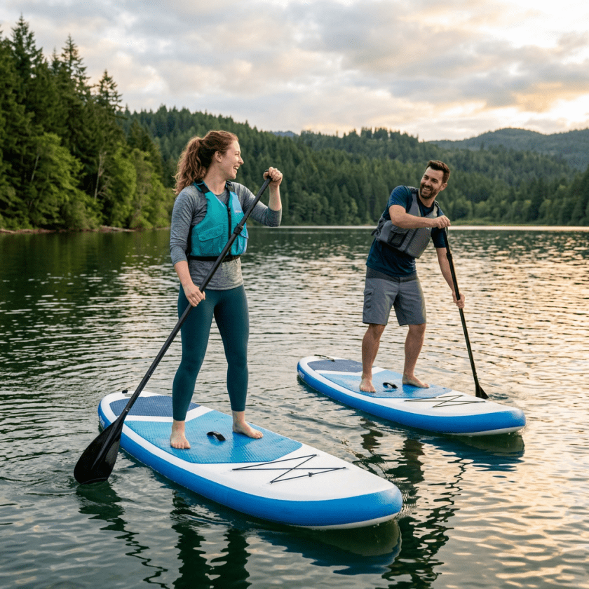 Man and woman paddleboarding on a tranquil forest lake during sunset