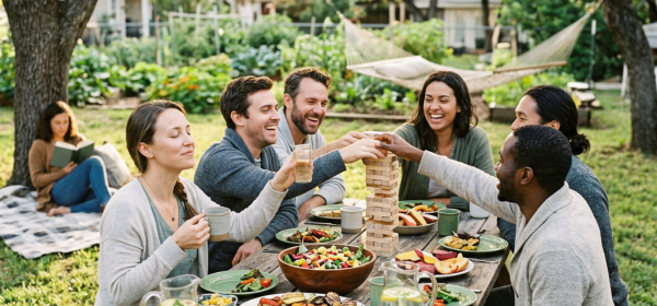 Six friends sitting around a picnic table outdoors playing Jenga and sharing a meal with salads and bread