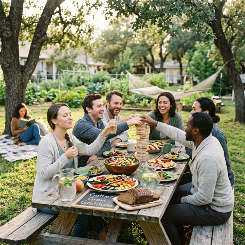 Six friends sitting around a picnic table outdoors playing Jenga and sharing a meal with salads and bread