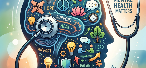 Illustrated human head with mental health symbols, stethoscope, and supporting words