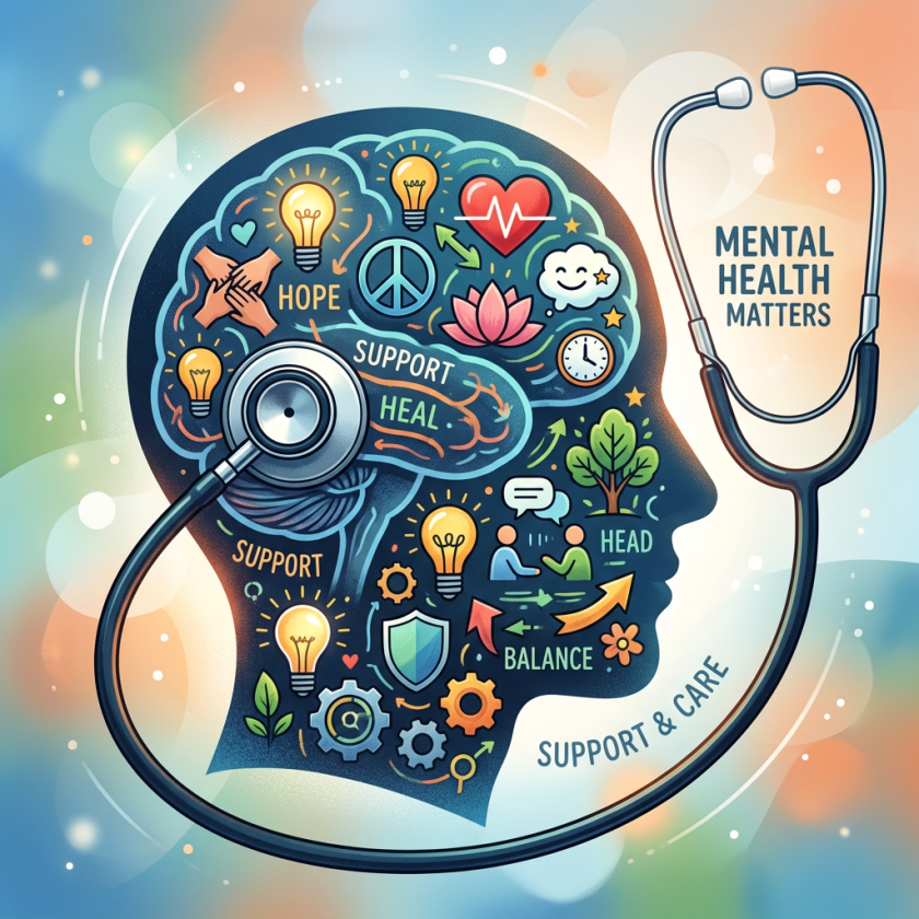Illustrated human head with mental health symbols, stethoscope, and supporting words