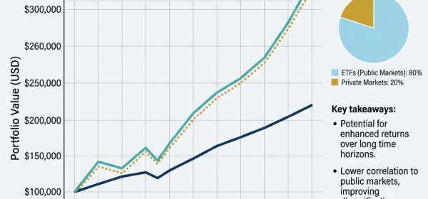 Line graph showing portfolio value growth over 10 years for ETF-only and diversified private market portfolios with pie chart of allocation percentages and key takeaways