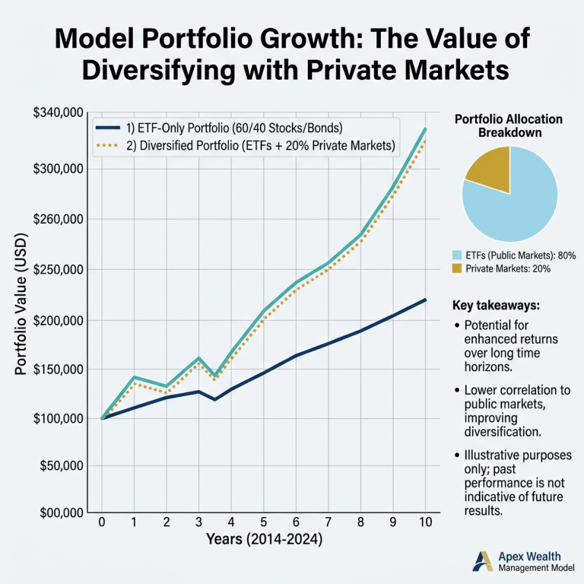Line graph showing portfolio value growth over 10 years for ETF-only and diversified private market portfolios with pie chart of allocation percentages and key takeaways