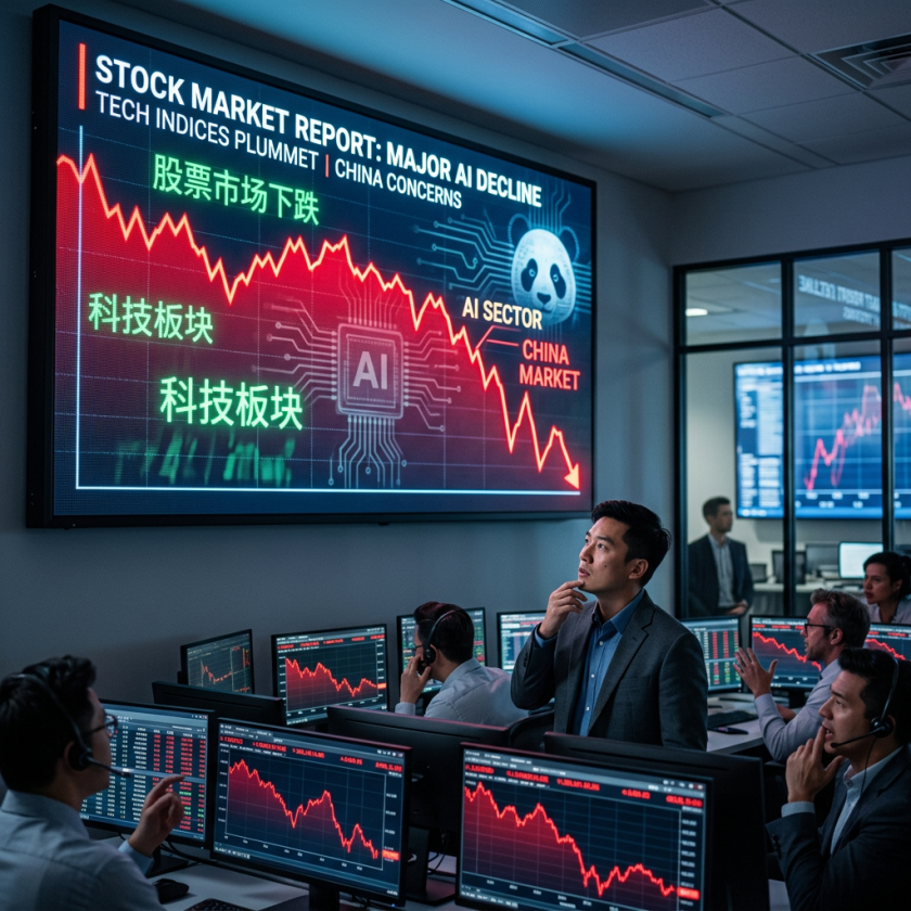 Stock market report showing significant decline in AI sector and China market
