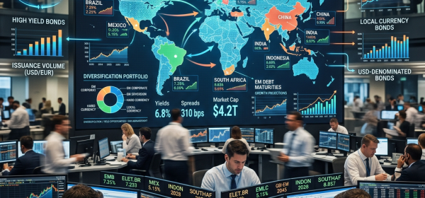 Trading room with multiple monitors displaying global bond market data and emerging market debt statistics