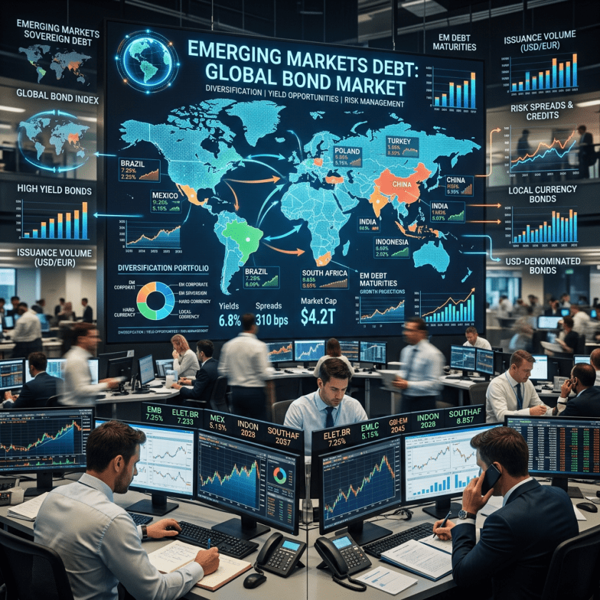 Trading room with multiple monitors displaying global bond market data and emerging market debt statistics
