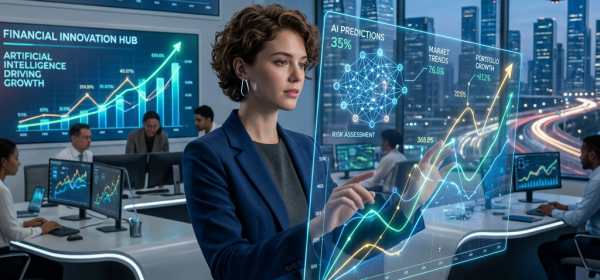 Woman interacting with transparent AI financial graphs in a high-tech office