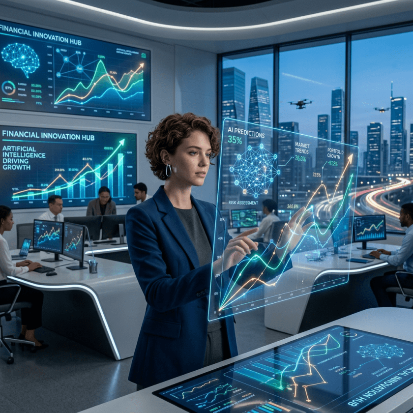 Woman interacting with transparent AI financial graphs in a high-tech office
