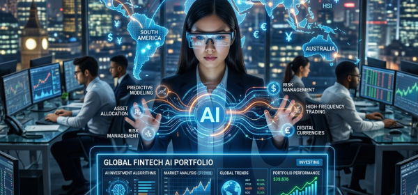 Professional managing global fintech AI portfolio with interactive digital interface and world map