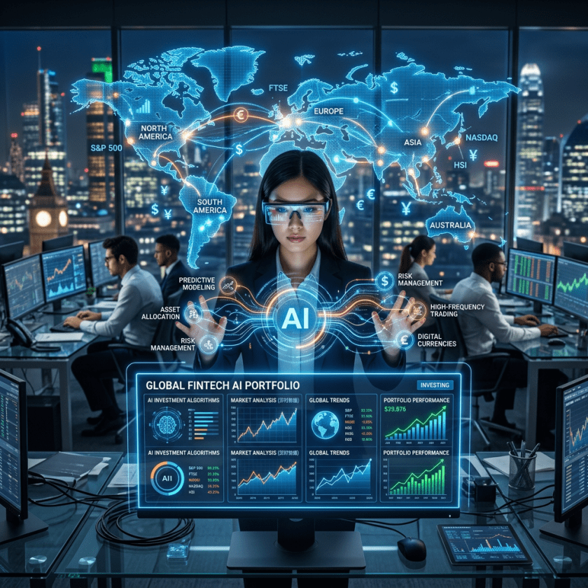 Professional managing global fintech AI portfolio with interactive digital interface and world map