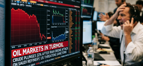 Trading floor with monitors showing crude oil price plunge and stressed traders