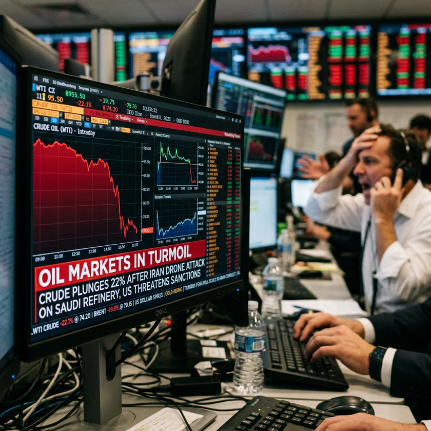 Trading floor with monitors showing crude oil price plunge and stressed traders